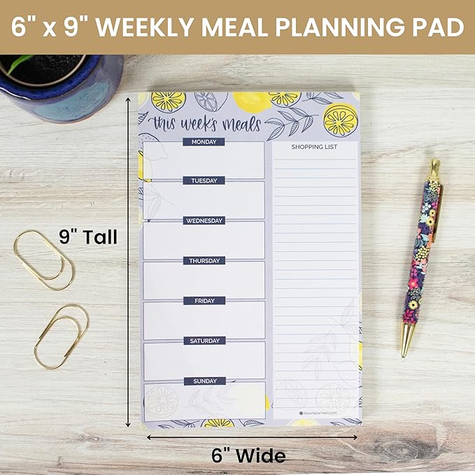 bloom daily planners Weekly Magnetic Meal Planning Pad for Fridge with Tear-Off Grocery Shopping List - Hanging Food/Menu Organizer Notepad with Magnets - 6” x 9" - Lemons