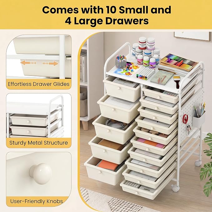 DREAMADE 15-Drawer Rolling Storage Cart, Craft Organizer Cart, White | Mobile Utility Cart with Metal Pegboard Panels, Tabletop and Lockable Wheels for Classroom, Office, Studio and Playroom