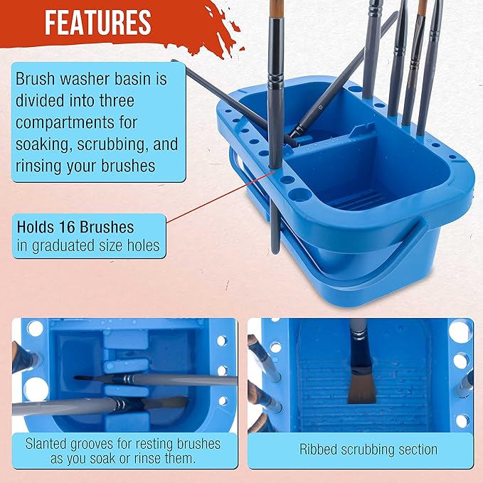 U.S. Art Supply 16-Hole Plastic Paint Brush Cleaner Washer & Paint Brush Holder with Palette Lid for Acrylic, Watercolor & Oil Paints