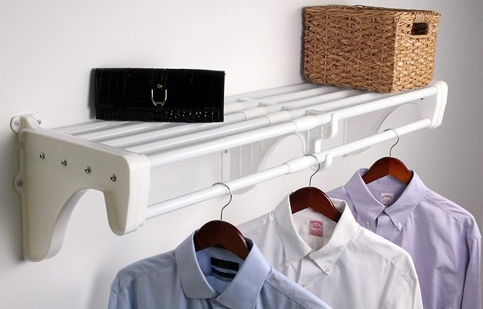 EZ Shelf- Closet Shelf with Hanging Rod - 42.5” to 75" Expandable, White, Closet Shelves – Strong, Holds 200 lbs – Easy Install – Backwall (Floating) with 2 End Brackets, Alternative to Wire Shelving