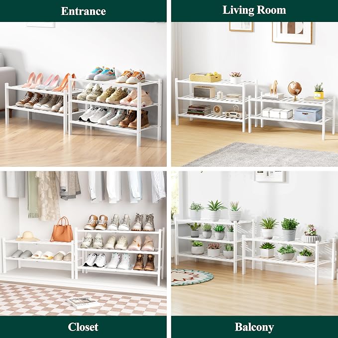 Smiry Bamboo Shoe Rack for Closet, 4 Tier Wooden Shoe Organizer, Stackable Wood Shoe Storage Shelf for Entryway, 14 Vertical Slats, 2+2 Stack Heavy-Duty Legs, 26.77"x11.02"x25.98", White