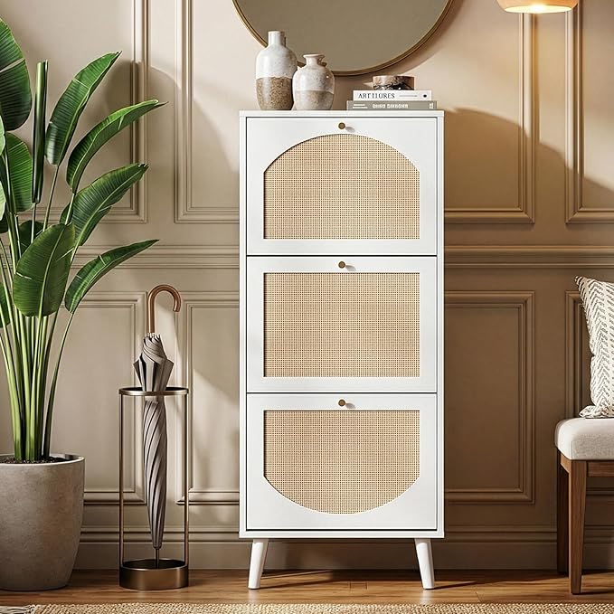 Karl home White Rattan Shoe Cabinet, 3-Tilt-Out Entryway Storage Organizer | Hidden Shoe Rack with 3 Tilt-Out Compartments for Heels, Slippers and Casual Shoes, Space Saving Entryway Furniture