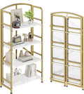 No Assembly,Gold Folding Bookshelf 4 Tiers, Vintage Storage Rack,White&Gold | Bookcase Vintage Multifunctional Plant Flower Stand, Storage Shelves Organizer for Home Office,Living Room,Dorm