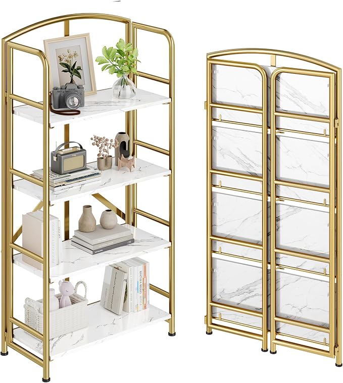 No Assembly,Gold Folding Bookshelf 4 Tiers, Vintage Storage Rack,White&Gold | Bookcase Vintage Multifunctional Plant Flower Stand, Storage Shelves Organizer for Home Office,Living Room,Dorm