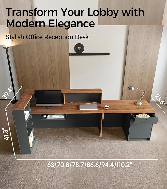 Modern L-Shaped Reception Desk with Counter - 87 inch Front Desk with Storage Cabinet, Open Shelves, Lockable Drawer & Keyboard Tray for Office, Lobby, Checkout (Red Walnut & Iron Gray - Left)
