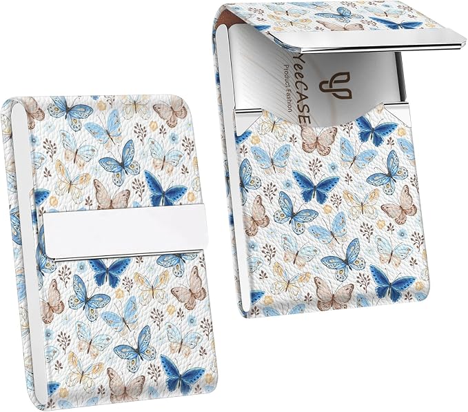 2Pack Leather Stainless Steel Business Card Holder, Metal Slim Business Card Case for Women or Men, Pocket Business Card Carrier with Prints, Magnetic Closure, RFID Blocking