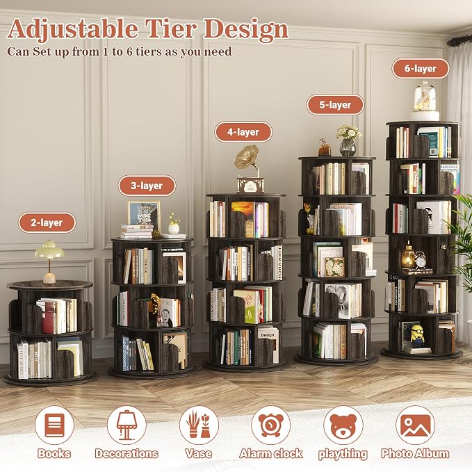Aheaplus 6 Tier Rotating Bookshelf, Wood Spinning Bookshelf Tower, Round Revolving 360 Bookcase, Narrow Turning Book Shelf Rolling Corner Organizer for Small Space, Bedroom, Office, Black Oak