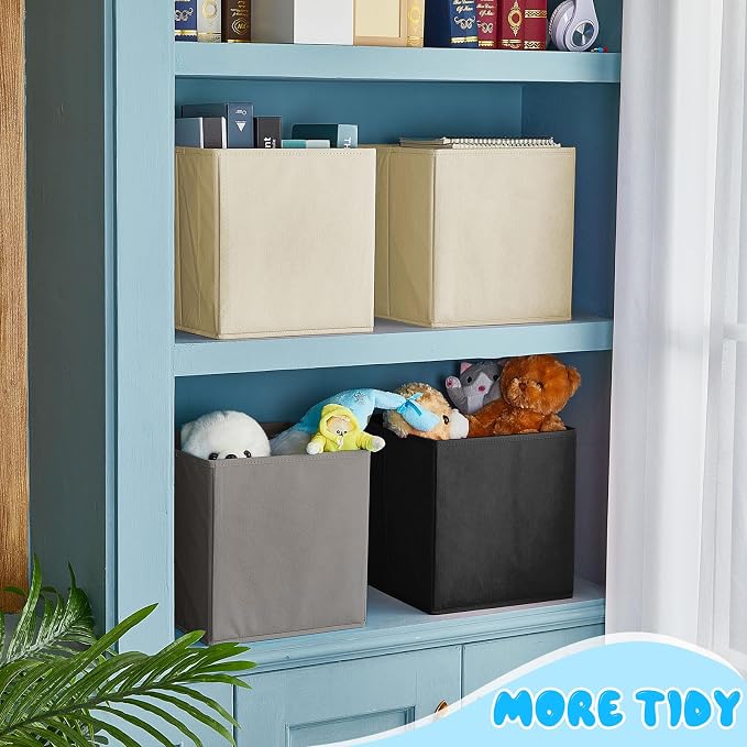 Yinder 12 Pcs Cube Storage Bin Grey 10.5''x10.5''x11'' Black Beige Storage Bins for Playroom Decor Colorful Bins for Kids Foldable Baskets for Nursery Organizer Boxes Fabric Boxes