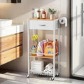 Lewondr Bathroom Organizer and Storage Cart with Drawer, 3-Tier Narrow Rolling Utility Cart with Wood Top and Wheels for Small Spaces, Laundry, White