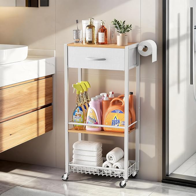 Lewondr Bathroom Organizer and Storage Cart with Drawer, 3-Tier Narrow Rolling Utility Cart with Wood Top and Wheels for Small Spaces, Laundry, White