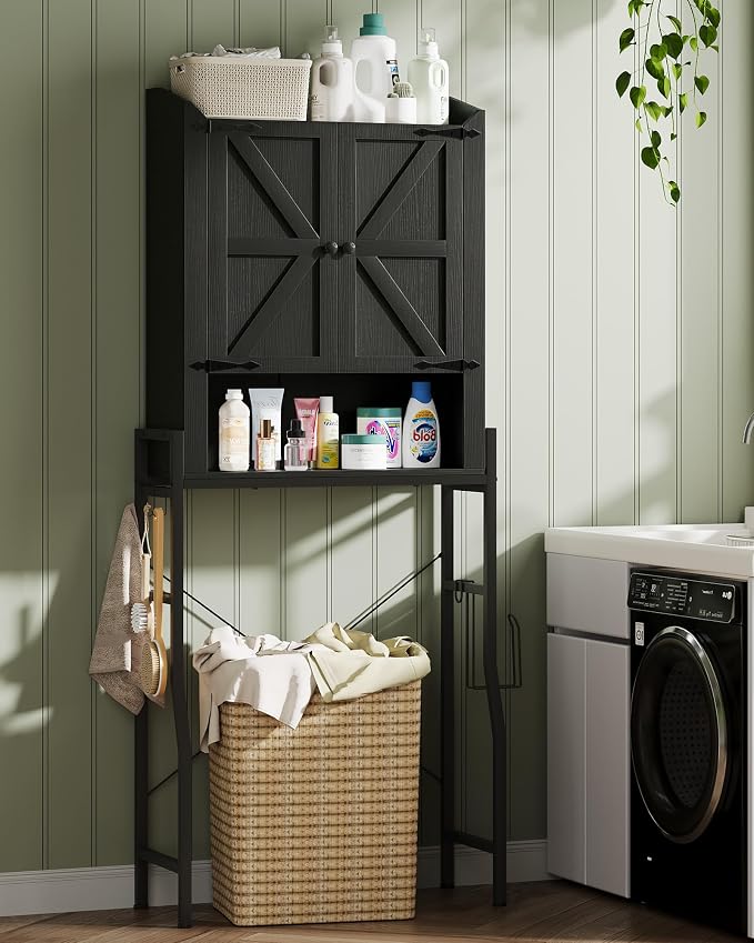 Memobarco Over The Toilet Storage Cabinet with 2-Door & Metal Stand, Black | Toilet Paper Holder, 3 Extra Hooks, Anti-Tipping Device, With Adjustable Shelves, for Bathroom, Restroom, Laundry