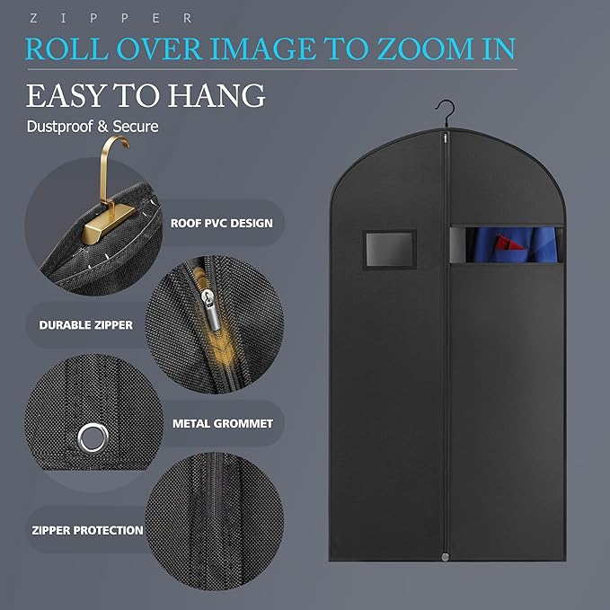 5 Pack 43" Suit Bag Garment Bag for Travel and Storage, Garment Bags for Hanging Clothes with Zipper and Visible Transparent Window, Black
