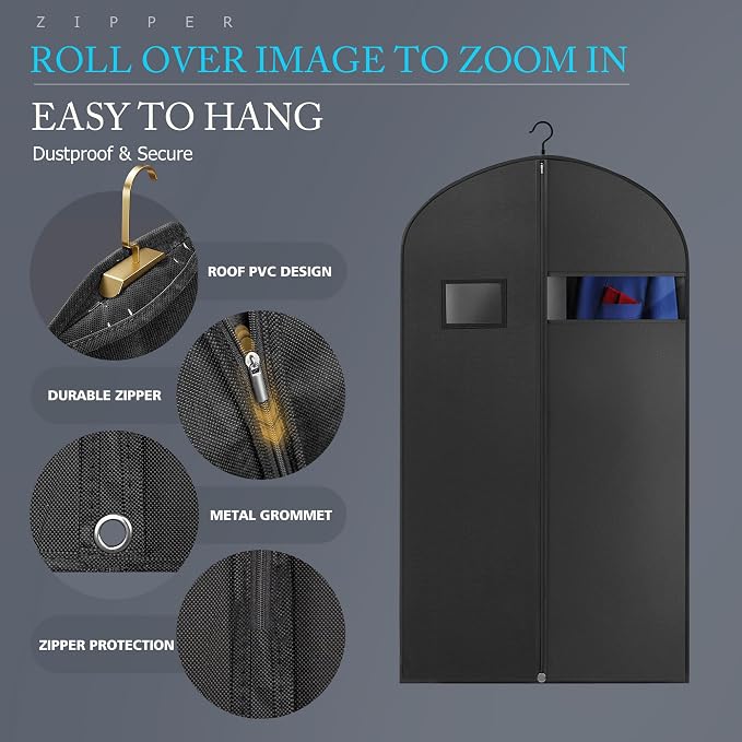 10 Pack 43-inch Garment Bags for Travel, Garment Bags for Hanging Clothes with Zipper and Visible Transparent Window，Black