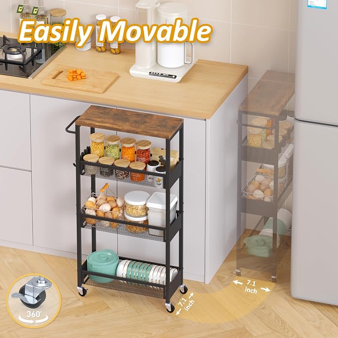 Vincona 7.1" Wide Slim Rolling Utility Cart, 4 Tier Metal Narrow Storage Cart with Handle and Wood Top, Multifunctional Small Mobile Shelf Unit Organizer Trolley for Laundry, Bathroom, Kitchen