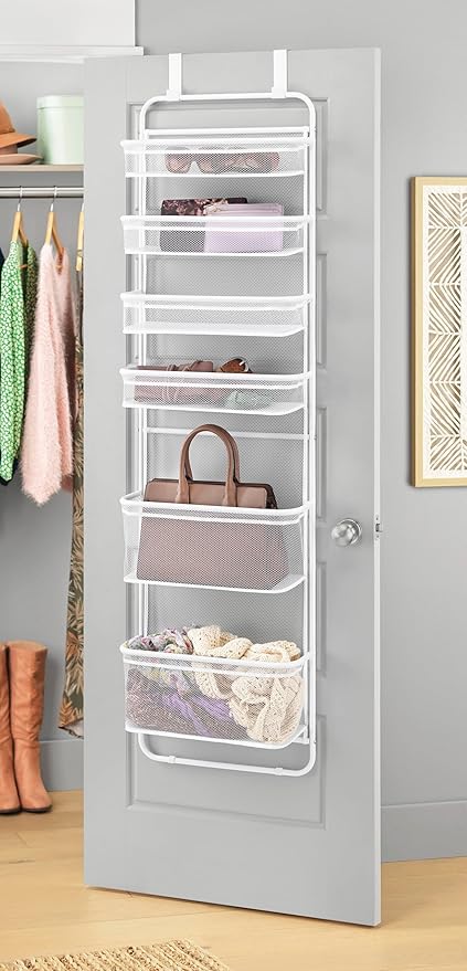 Whitmor Over The Door Organizer Storage, 6 Tier Hanging Door Organizer with Metal Frame & Mesh Baskets, Heavy Duty Behind Door Storage for Pantry, Bathroom, Closet, 17.7"W x 7.9"D x 67"H, White