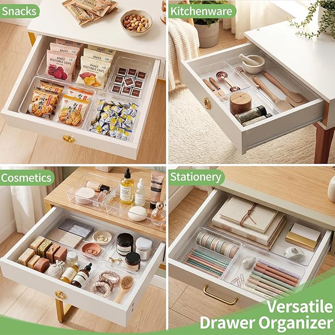4PCS Clear Plastic Drawer Organizer Tray, 12'' Large Acrylic Vanity Bathroom Drawer Organizers Trays, Desk Drawer Organizer Bins for Cosmetics, Makeup, Kitchen, Office, Junk Drawer Organization