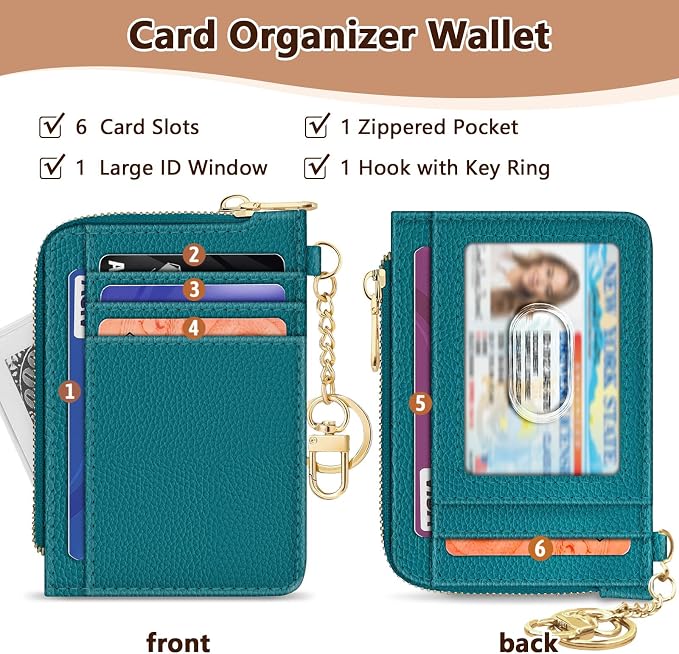 GIANCOMICS Slim Wallet Credit Card Holder Women, Peacock Blue Rfid Blocking Small Card Case, Keychain Thin Pocket Curved Zipper Wallet, Travel Card Holder PU Leather ID Window, Ladies Female Gifts