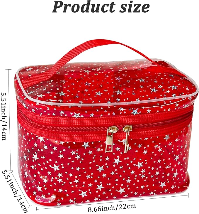 White Star Print PVC Makeup Bag with Handle - 8.66 * 5.51 * 5.51 inch,Clear Storage Bag Toiletry Pocket Portable Zippered Pouch Waterproof Cosmetic Organizer Bags for Women (White-L)
