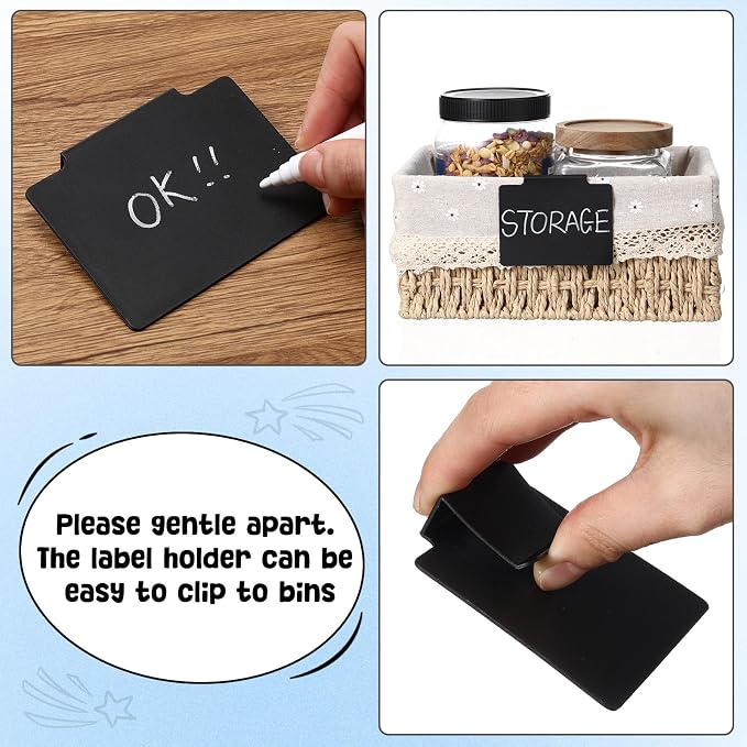 Chinco 80 Pcs Basket Label Clips Set Include 76 Removable Kitchen Clip Label Holder PVC Storage Bin with 4 Chalk Markers for Basket Kitchen Pantry Organization (Black Clip, White Pen)