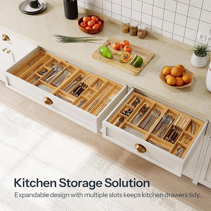 HOOBRO Large Silverware Organizer Kitchen Drawer Organizer, Magnetic Connected Expandable Utensil Organizer From 22.8 to 35.4 Inches, Bamboo 16 Slots Cutlery Tray with Knife Holder, Natural YL07TL01
