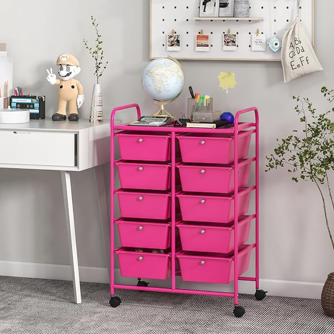 COSTWAY 10 Drawer Rolling Storage Cart, Utility Cart with Lockable Wheels | Mobile Art Supply Craft Organizer with Metal Frame, Multipurpose Drawer Cart for Paper for Office, School, Hot Pink