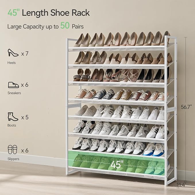 Nunsino Shoe Rack, Long Shoe Organizer,Max Holds 50 Pairs,8 Tier Metal Shoe Storage Shelf,4-Tier Stackable Shoes Organizer for Garage, Entryway,White