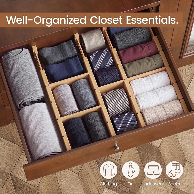 Bamboo Drawer Dividers 8 Pack with Inserts, Kitchen Adjustable Drawer Organizers for Home, Bedroom, Dresser, Expandable Organization 8 Dividers with 16 Inserts