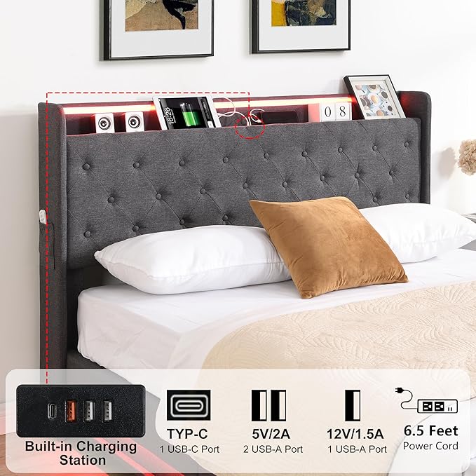 Ailisite Full Size Bed Frame with Headboard, Lift Up Storage Bed Frame with Charging Station&Led Lights,Upholstered Platform Bed with Tufted Wingback Storage Headboard, Hydraulic System,Wood Slat,Grey