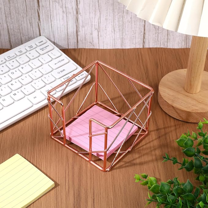 Sticky Note Holder, Multifunctional Sticky Notes Holder 3.9x3.9 Inches Desktop Organizer, Rose Gold Desk Accessories, Metal Gold Office Supplies for Home Office Decor