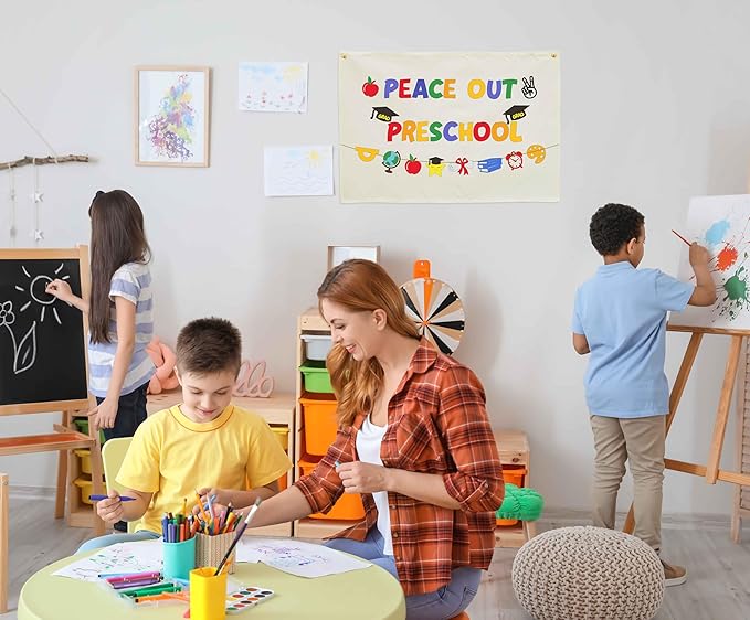Graduation Banner Party Decor-Rectangular Canvas Banner Pennant Poster Wall Sign-Garland for Congratulation Graduation Party Supplies Classroom Front Door Home Decorations-Peace Out Preschool
