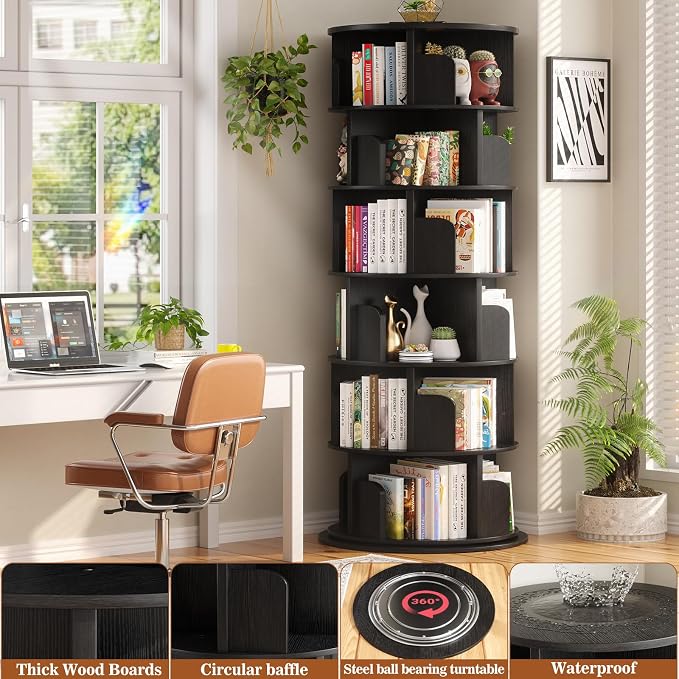 Aheaplus 6 Tier Rotating Bookshelf, Wood Spinning Bookshelf Tower, Round Revolving 360 Bookcase, Narrow Turning Book Shelf Rolling Corner Organizer for Small Space, Bedroom, Office, Black