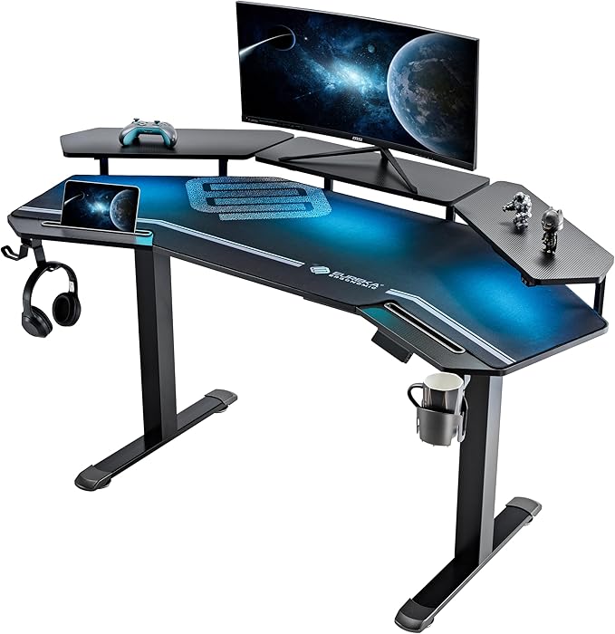 EUREKA ERGONOMIC Gaming Desk Adjustable Height Standing Desk 63" Wing Shaped Music Studio Table Workstation w Full Coverage Mousepad, 3 Stands, Dual Headphone/Cup Holder, Ipad-Slot