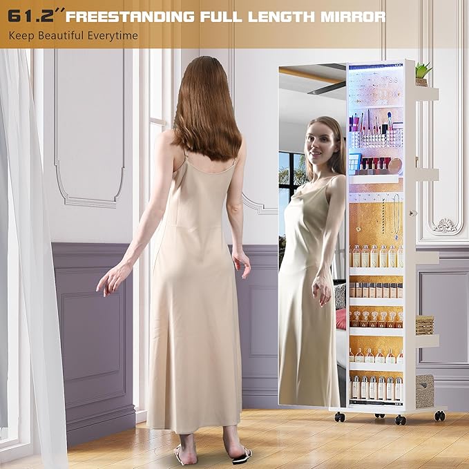 Lvifur 360° Rotating LED Jewelry Armoire,Side Pull Full Length Mirror Large Capacity Floor Standing 3 Color Dimmable Jewelry Organizer Armoire with 4 rollers,Rear Storage Shelves