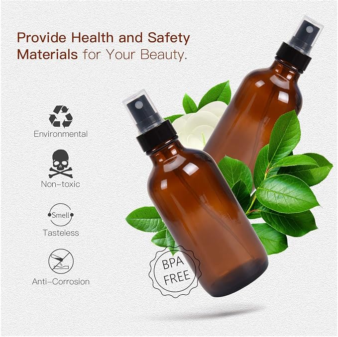 ULG Amber Glass Spray Bottles 4oz Brown 16 Piece | Fine Mist Sprayers, Empty Spray Atomizer, Waterproof DIY Labels Included