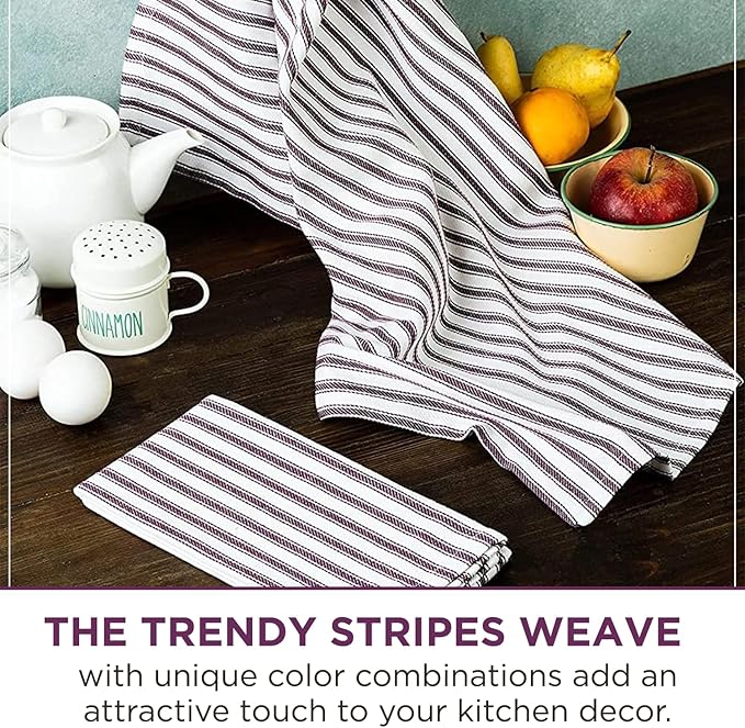 Stripe Kitchen Towels Decor Hanging Loop Tea Dish Towels Boho Absorbent Festive Gift Set of 6 Pantry Reusable 18x28 Inch Kitchen Dish Towels|Trendy Spring French Stripe|Purple