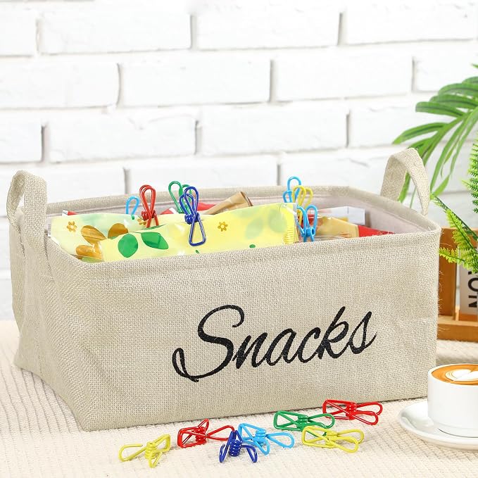 Newtay 17 Pcs Snack Basket Sets, Snack Storage Bin for Pantry Shelves with 16 Pcs 2 Inch Chip Clips, Basket Organizer for Kitchen, Chips, Popcorn, Candy, Pretzels (Cream-colored,Burlap)