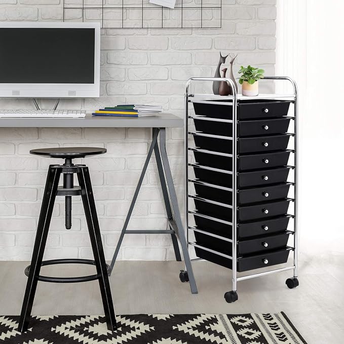 LDAILY 10-Drawer Rolling Storage Cart, Rolling Storage Cart, Storage Organizer on Wheels, Metal Frame, Scrapbook Paper Tools, Suitable for Office School, Classroom (Black, 10 Drawer)