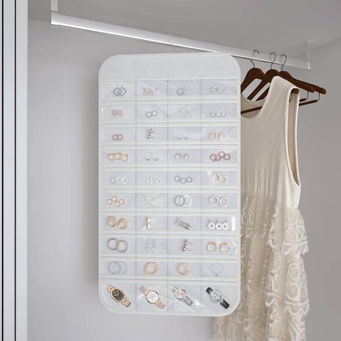 Double-Sided Hanging Jewelry Organizer for Necklaces Earrings, 1-Pack White | Foldable 36 hooks & 40 clear pockets; swivel hook fits walls, doors & rods for earrings, bracelets, rings & small jewelry