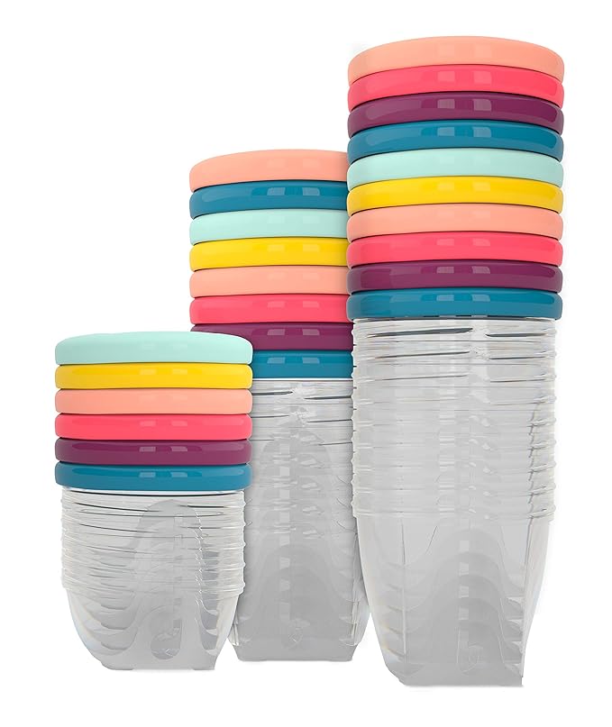 Babymoov Baby Food Jars Set of 24 (6 x 4oz + 6 x 6oz + 12 x 8.45oz) Storage Containers BPA-Free Leakproof Silicone Lids Microwave, Freezer & Dishwasher Safe Baby Registry Essential