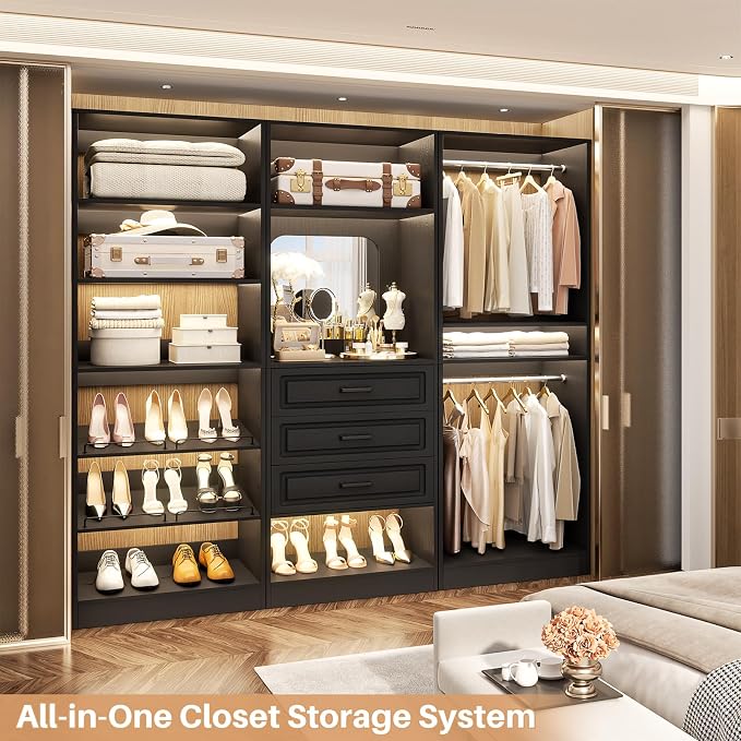 Unikito Modular Closet System with 3 Sets, 75”Closet Organizer System with Drawers, Mirror, Hanging Rods and Adjustable Shelves, Freestanding Wood Wardrobe Garment Rack, Walk in Closet Tower, Black