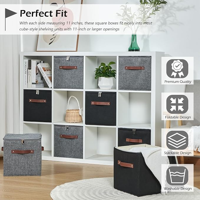 2PCS Storage Cubes with Lid Fabric Storage Bins Boxes PU Leather Handles Cotton Linen Closet Organizer Container Decorative Foldable Washable Shelf Cloth Basket (Zipper Lid, Gray, 11in)