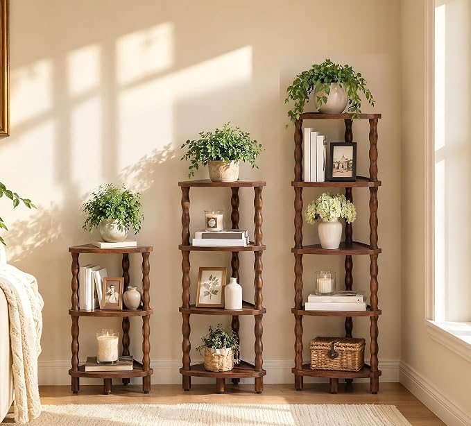 HOOBRO Corner Shelf, 3-Tier Wooden Corner Bookshelf for Small Space, Stylish Corner Storage Display Shelves for Living Room, Kitchen, Office, Rustic Brown FG193CJ01