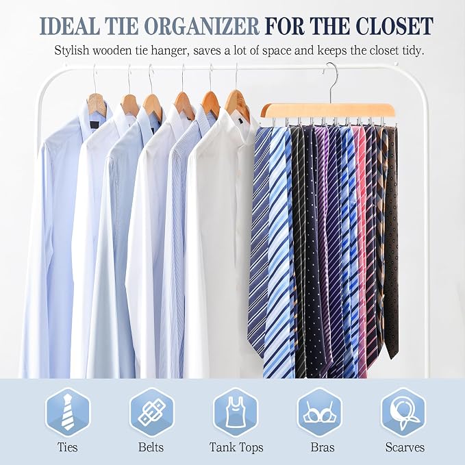 2PC Tie Rack Organizer, Tie Hanger for Closet with 20 Foldable Hooks, Wood | Non Slip Neck Tie Organizer, Large Capacity, Space Saving, 360° Rotating Hook, Fits for Tank Tops Bras Cami Scarves