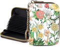 Credit Card Holder for Women,Small Rfid Wallet with Keychain Zipper,Cute PU Leather Card Case Wallet，Accordion Credit Card Wallets Gift,Yellow-Pink Floral Print C