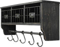 BizChair Wall Mounted Storage Rack - Blackwashed Solid Pine Wood - 24 Inch - Upper Shelf - 5 Hooks - Wire Baskets - For Entryway, Kitchen, Bathroom