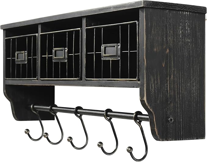 BizChair Wall Mounted Storage Rack - Blackwashed Solid Pine Wood - 24 Inch - Upper Shelf - 5 Hooks - Wire Baskets - For Entryway, Kitchen, Bathroom
