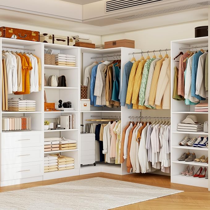 Closet System with 3 Drawers, 8FT Closet Organizer System with Adjustable Shelves & Expandable Hanging Rods, Corner Closet Storage Organizer, Modular Closet System for Walk-in Closet with 4 Sets,White