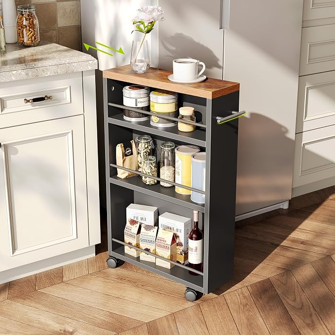 LITTLE TREE Slim Rolling Storage Cart, 3 Tier Snack Cart with Wheels for Kitchen, 6.3 Inch Wide Bathroom Organizer Shelves, Wooden Utility Cart for Laundry Room, Black