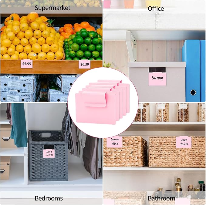 14PCS Basket Labels Clip On Set, Include 12Pcs Clip Label Holder and 2 Markers, Plastic Removable Pantry Basket Labels for Organizing Box,Kitchen,Linen Closet(Pink)