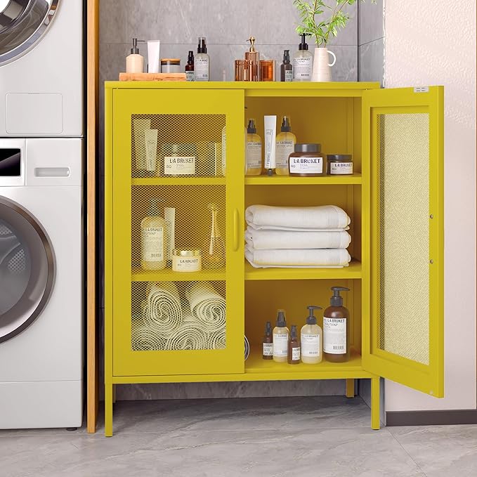 Washsemba Metal Storage Cabinet with Mesh Doors,Steel Display Cabinet with Adjustable Shelves,Metal Office Storage Locker for Home Office,Garage(Yellow, 40''H)
